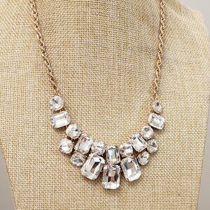 Charter Club, NWOT, rose gold clear rhinestone statement bib necklace